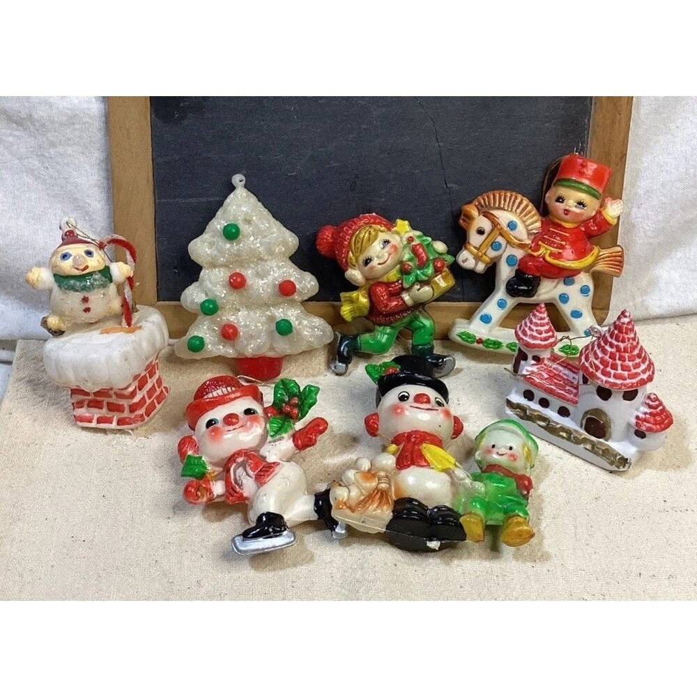 Snowman Santa House Children Horse Vintage Blow Mold Christmas Ornaments Japan
